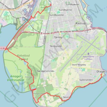 Fra Dragør til DR Byen via Pinseskoven, Kalvebod Fælled og Amager Fælled rute, afstand, højde, kort, profil, GPS-spor