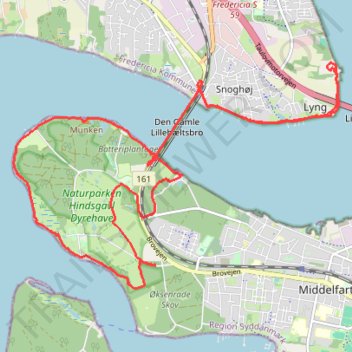 Vandretur fra ammoniak havnen nord for den ny Lillebæltsbro over den gamle Lillebæltsbro og Hindsgavl rundt og retur rute, afstand, højde, kort, profil, GPS-spor