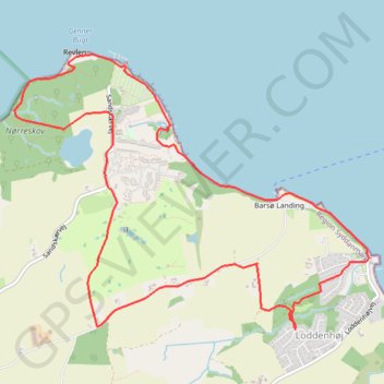 Loddenhøj, Nørreskov, Genner Bugt, Sandskær og Barsø Landing rundt rute, afstand, højde, kort, profil, GPS-spor