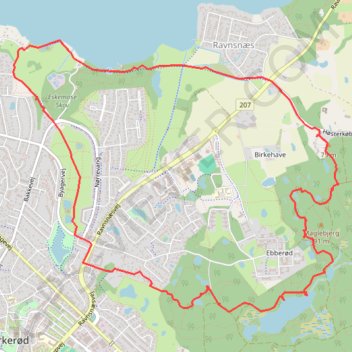 Høsterkøb, Rude Skov, Ebberøddam, Birkerød og Sjælsø rundt rute, afstand, højde, kort, profil, GPS-spor